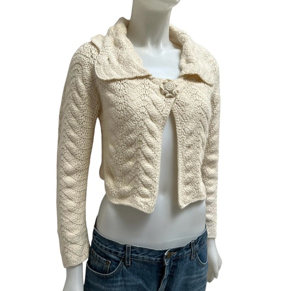 Y2K Cropped Chrochet Cable Knit Shrug Coquette Girl Cream Cardi Cottage Core SzM - Picture 8 of 15